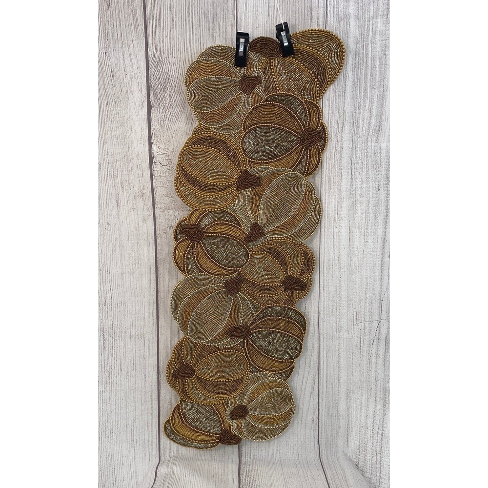 Tahari Home Beaded Centerpiece Table Runner Gold Bronze Pumpkin Fall Harvest